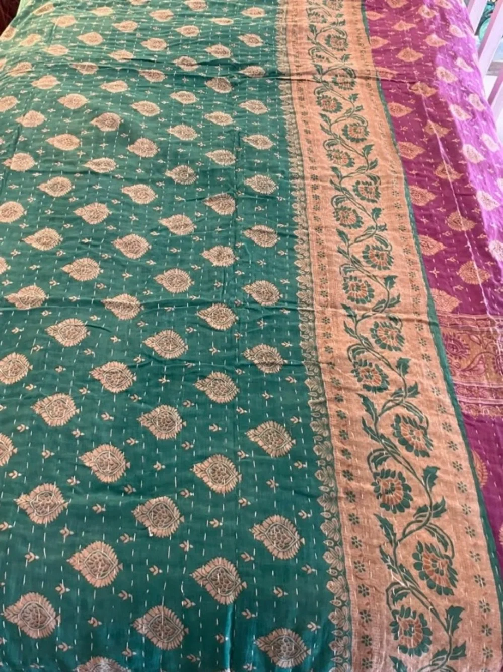 Teal and Purple and Black Quilted Kantha Bedspread